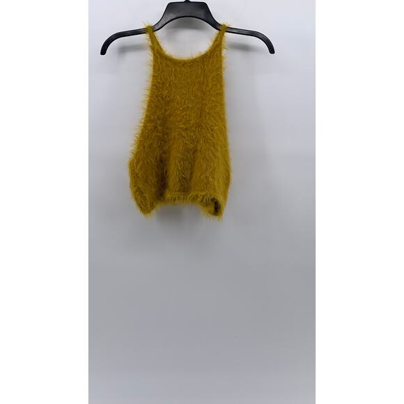 KIMCHI BLUE Women’s Yellow Fuzzy Halter Spaghetti Strap Crop Top SZ S - Picture 2 of 10